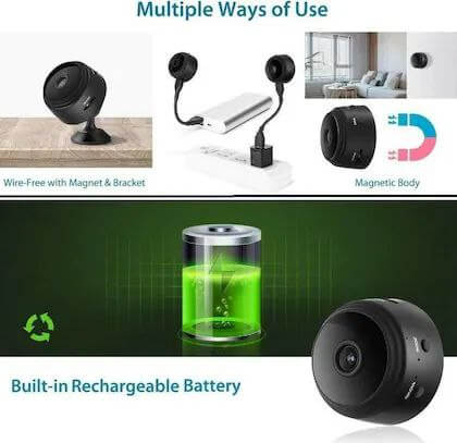 Mini wireless security camera showing multiple usage options, including magnetic body and built-in rechargeable battery.