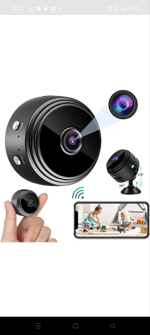 Mini wireless security camera with HD resolution and night vision, ideal for pet and baby monitoring.