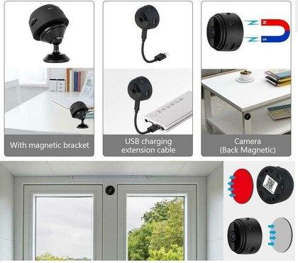 Mini wireless security camera with magnetic bracket, USB charging cable, and magnetic base for indoor and outdoor use.