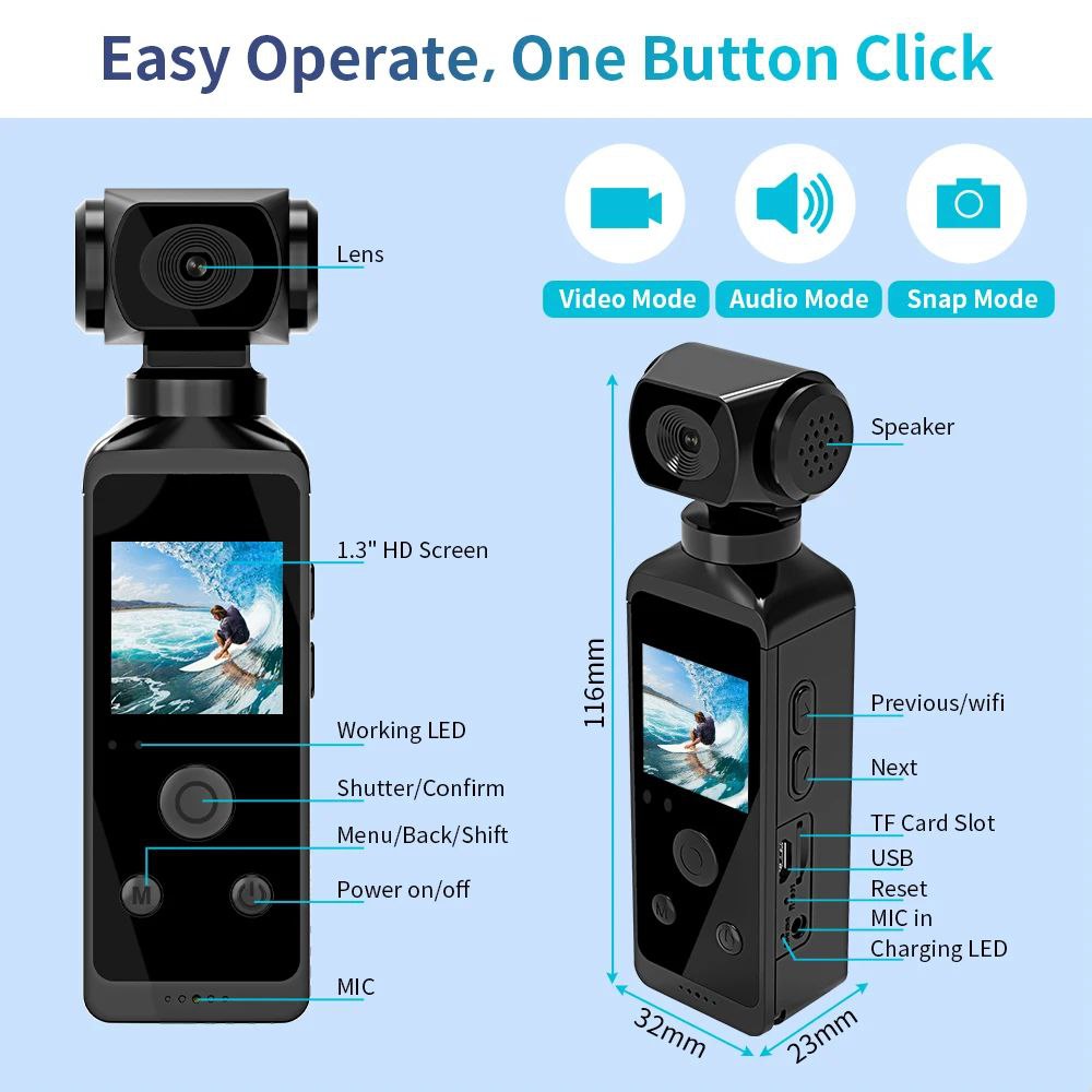 Ultra HD Pocket Action Camera Rotatable Vlog Wifi Mini Sport